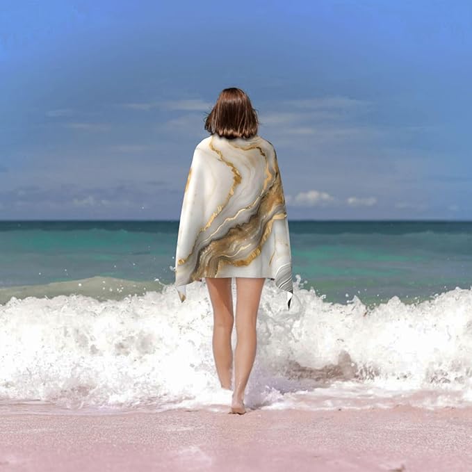 Gold Marble Beach Towel - Art Style - 32inx52in - 100% Cotton - Quick Dry - Absorbent - Lightweight - Sand-Free - Perfect for Beach, Pool & Bath