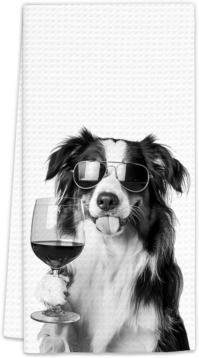 Border Collie Gifts Wine Kitchen Towels, Gifts for Border Collie Dog Wine Lovers Decorative Hand Dish Tea Towel for Kitchen Home Bar, Funny BordeCollie Dog Owners Home Bar Decor(16x24In)