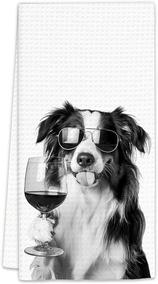 Border Collie Gifts Wine Kitchen Towels, Gifts for Border Collie Dog Wine Lovers Decorative Hand Dish Tea Towel for Kitchen Home Bar, Funny BordeCollie Dog Owners Home Bar Decor(16x24In)