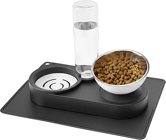 Raised Dog Cat Food Bowl, Cat Food and Water Bowl Set with Water Dispenser, Stainless Steel Bowls and Feeding Mat, Food Feeding Dishes for Indoor Cats and Small Dogs, Black