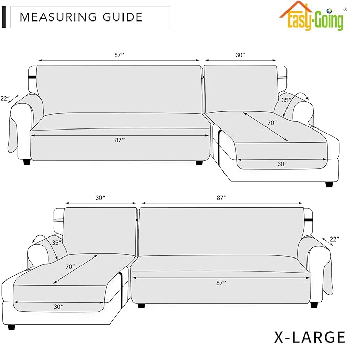 Easy-Going Waterproof Sectional Couch Covers with Chaise 2-Piece Non Slip L Shape Sofa Cover for Dogs Leakproof Furniture Protector Cover with Adjustable Strap for Pets (X-Large, Black)