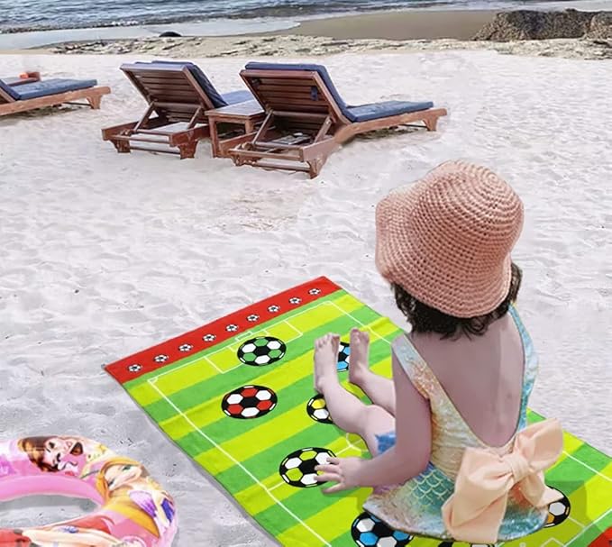 YIFONTIN Kids Beach Towel Super Soft Absorbent Throw Blanket 24X48 inch 100% Cotton for Kids Swimming Bath Camping, Soccer Green Stripes.