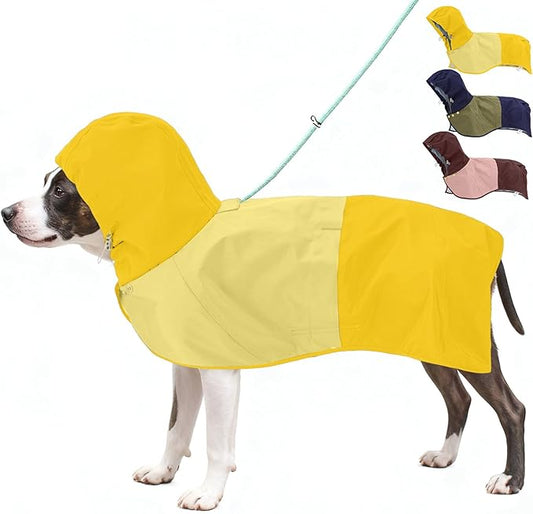 Waterproof Dog Raincoat with Hood, Extended Coverage Rain Jacket for Large Dogs, Wind-Resistant Secure Fit with Leg Straps, Reflective, Leash Hole, Easy Hook & loop fastener On/Off, Yellow, XXL