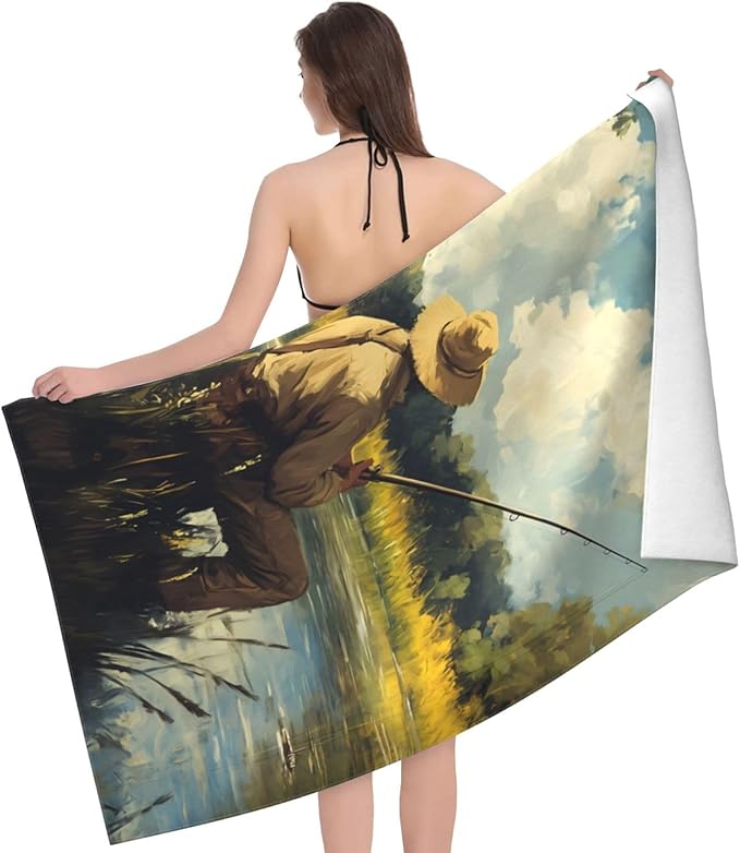 Fishing Beach Towel 31inx51in, Fish Sand-Free Microfiber Bath Towel Ultra Soft Quick Dry Pool Towel Absorbent Towel Lightweight Towel for Swimming Bathroom Decor