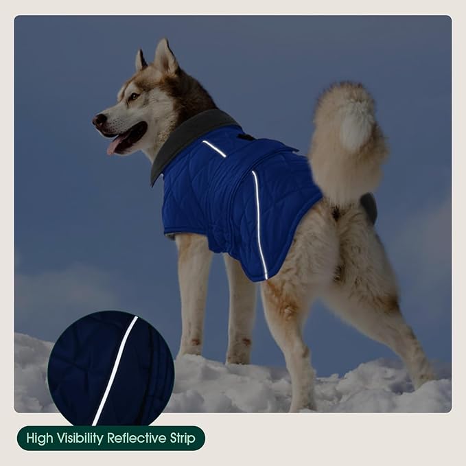 Kuoser Extra Warm Dog Coat, Windproof Cold Weather Dog Jackets for Large Dogs, Thick Fleece Lining Pet Turtleneck Snowsuit Reflective Adjustable Puppy Winter Coat Doggie Snow Jacket Blue, XL