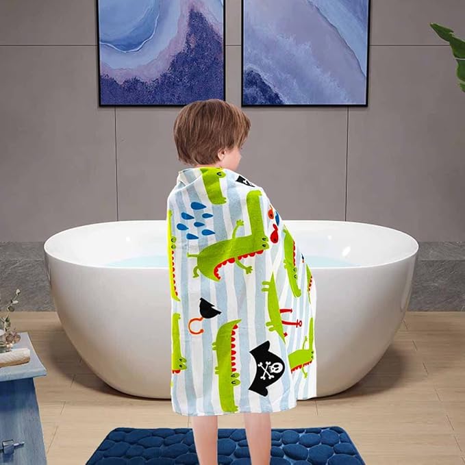 YIFONTIN Kids Beach Towel Super Soft Absorbent Cotton Blanket 25.5”X51.0” for Bath Swimming Camping, Gator Crocodile Pirate.