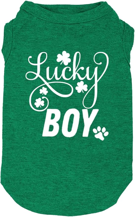Dog Apparel Lucky Boy Letter Print Clover Shirts for Small Large Dog Vest Puppy Gift St Patrick's Day Costume (Small, Green01)