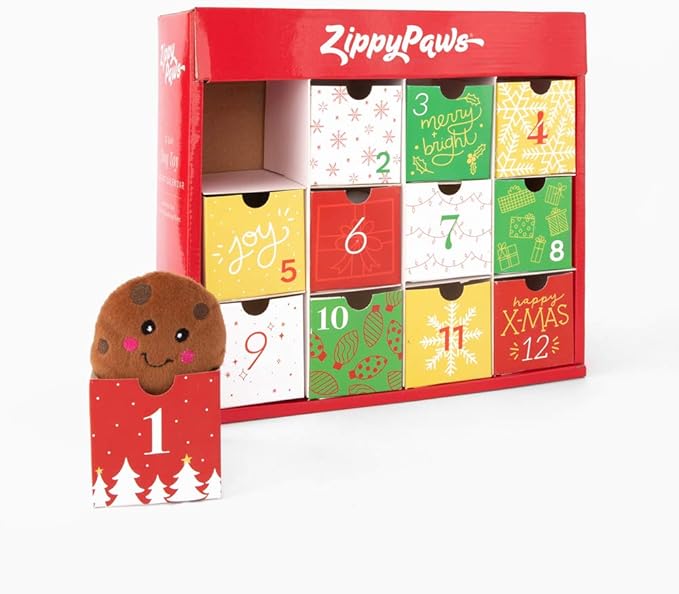 ZippyPaws Holiday Advent Calendar for Pets - Christmas Advent Calendar Dog Toys, 12 Day Surprise Countdown for Small and Medium Dogs, Interactive Squeaky Toys - 12 Pack of Miniz