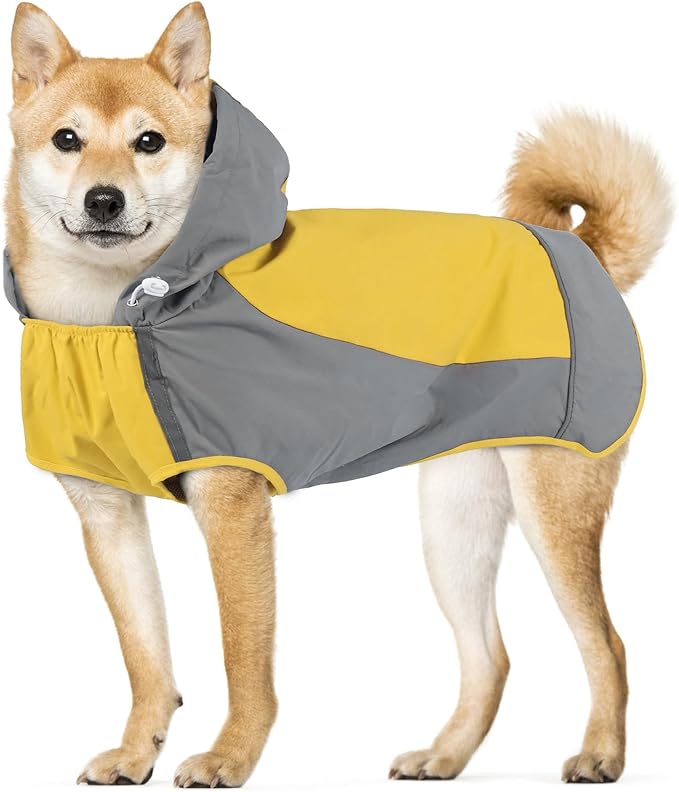 IECOii Large Dog Raincoat Waterproof,Hooded Rain Jacket Keep Dog Dry in Wet Weather,Reflective Rain Poncho Clothes with Convenient Leash Hole/Adjustable Magic Sticker/Easy On and Off/,Yellow,Large