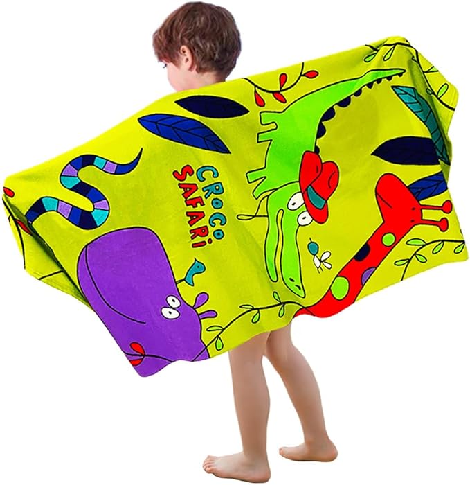 YIFONTIN Kids Beach Towels Microfiber Blanket Throw Super Soft Absorbent 5-Piece Set 27.5"x55" Gift for Bath Camping Swimming Sports Picnic Travel Holiday, Dinosaur Shark Crocodile Vessel Puppy.