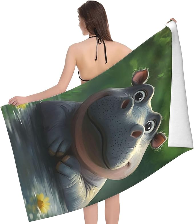 Cute Hippo Beach Towel 31inx51in, Aniaml Sand-Free Microfiber Bath Towel Ultra Soft Quick Dry Pool Towel Absorbent Towel Lightweight Towel for Swimming Bathroom Decor