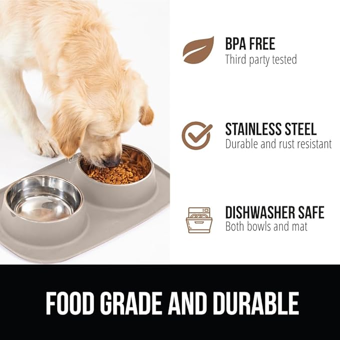 GORILLA GRIP Feeding Mat Bowl Set, 100% Waterproof BPA Free Silicone Base, 304 Stainless Steel Cat and Dog Bowls for Food and Water, Slip Resistant, High Edge, US Designed, Patent Pending, 1 Cup Beige