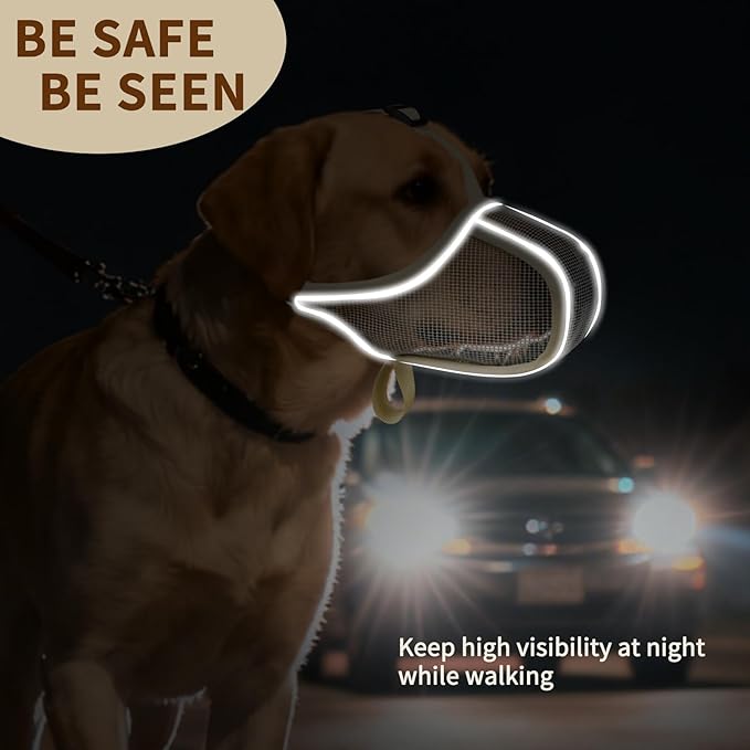 Mayerzon Dog Muzzle to Prevent Biting Scavenging Chewing, Soft Mesh Puppy Muzzles for Small Medium Sized Dogs, Breathable Reflective Adjustable Mouth Guard for Grooming Walking Training (S, Khaki)