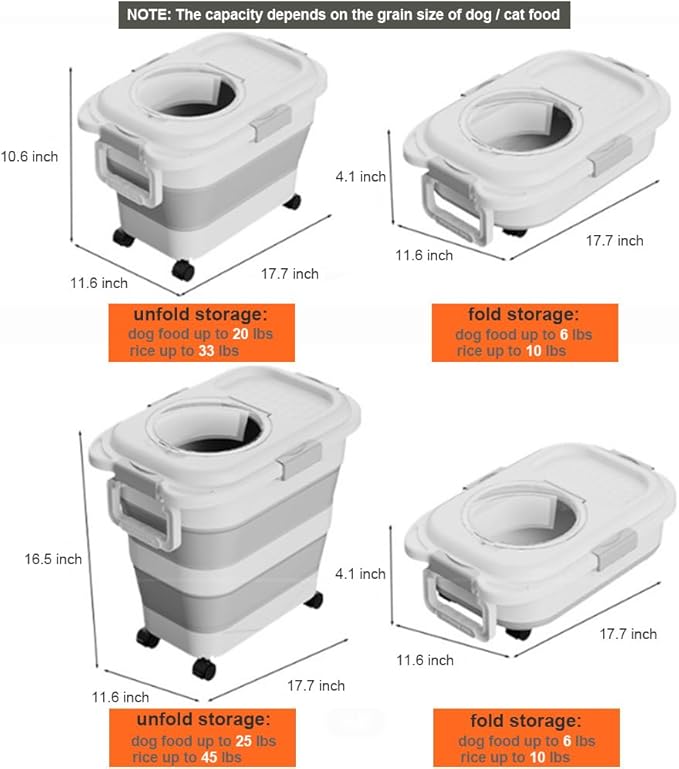 Airtight Dog Food Storage Container, Collapsible Pet Food Container with Casters, Scoop and Cup - Keeps Up to 20 Lbs and Large Capacity