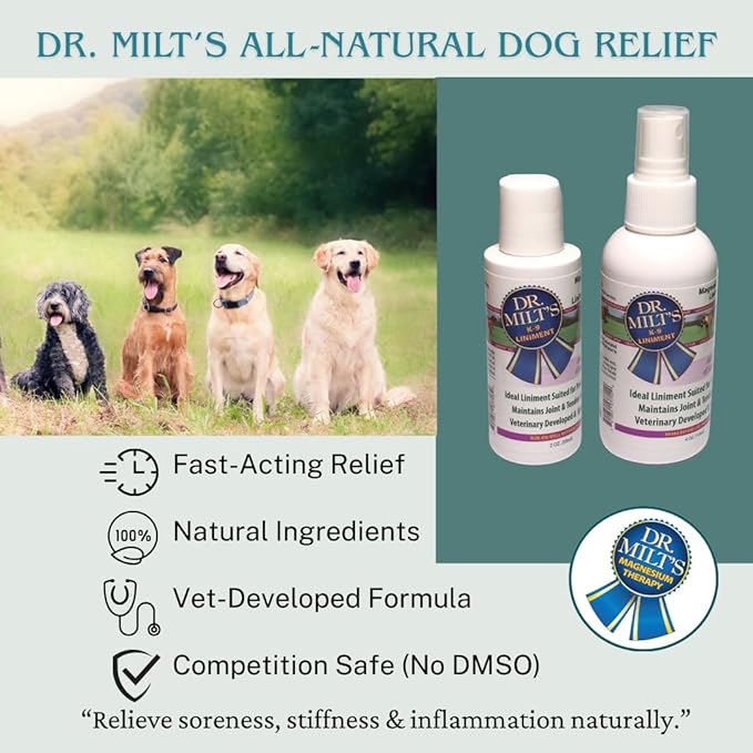 Dr. Milt's Dog Hip and Joint Pain Relief Spray and Gel, Topical Magnesium Sulfate & Arnica Ointment. Reduces Inflammation, Lessens Tenderness and Alleviates Nervousness. 1-4oz Spray & 1-2oz Gel
