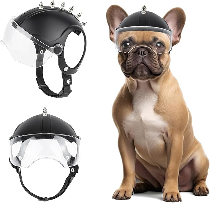 PETLESO Small Dog Helmet, Pet Motorcycle Helmet with Ear Holes, Adjustable Pet Safety Hat with Flip-Up Clear Visor, Small-Medium Puppy Heads Protection, Spiked