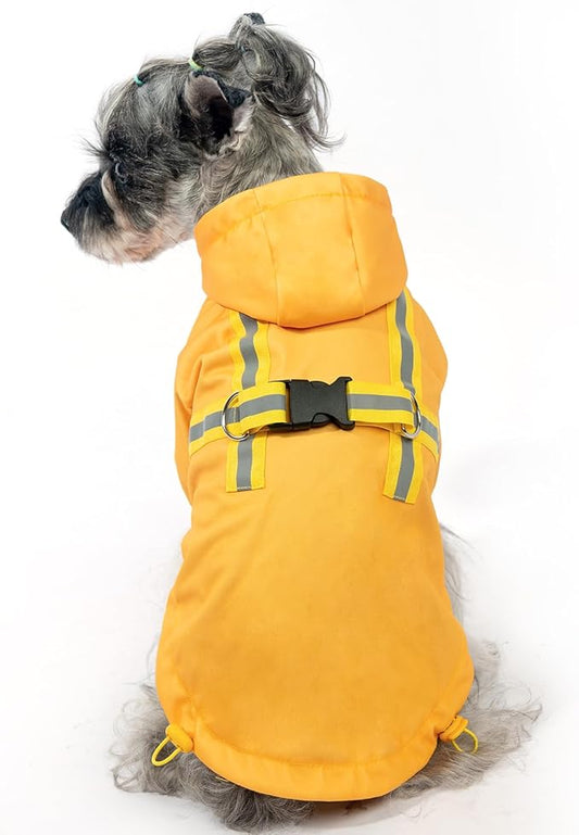 PUPTECK Dog Raincoat with Hood & Harness Built-in, Waterproof Dog Rain Jacket Slicker Poncho Reflective Vest Clothes for Rainy Snowy Winter Cold Days, Yellow L