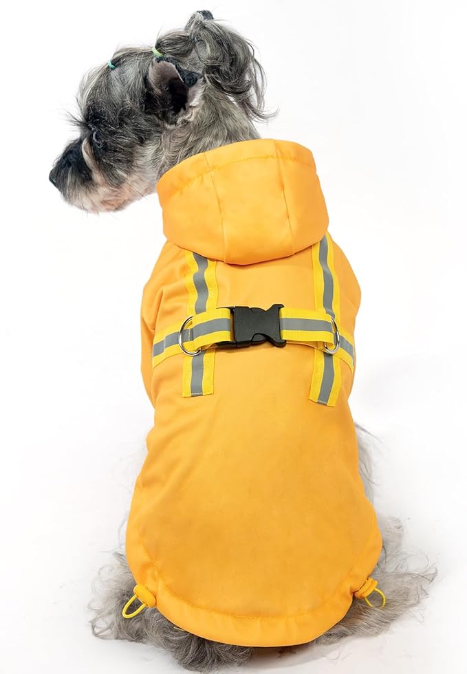 PUPTECK Dog Raincoat with Hood & Harness Built-in, Waterproof Dog Rain Jacket Slicker Poncho Reflective Vest Clothes for Rainy Snowy Winter Cold Days, Yellow M