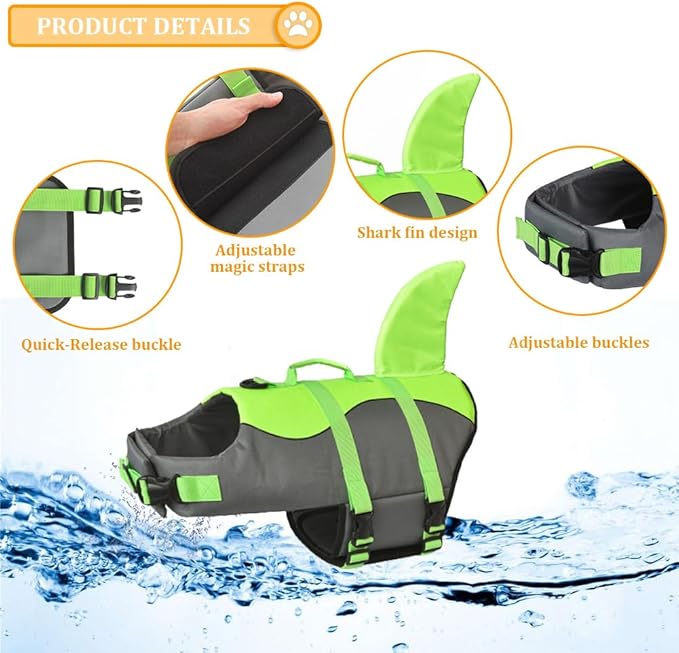Doglay Dog Life Jacket Shark, Ripstop Dog Life Vests for Swimming Boating with High Buoyancy and Rescue Handle, Adjustable Dog Life Jacket Pet Flotation Vest for Small Medium Large Dogs