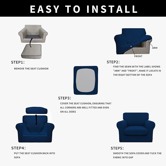 Easy-Going 100% Dual Waterproof 2 Pieces Chair Cover Stretch Soft Couch Cover for Dogs, Sofa Slipcover for 1 Separate Cushion Couch Leakproof Furniture Protector for Kids, Pets Navy