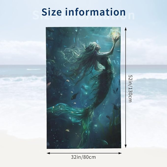 Mermaid Beach Towel 31inx51in, Ocean Sand-Free Microfiber Bath Towel Ultra Soft Quick Dry Pool Towel Absorbent Towel Lightweight Towel for Swimming Bathroom Decor
