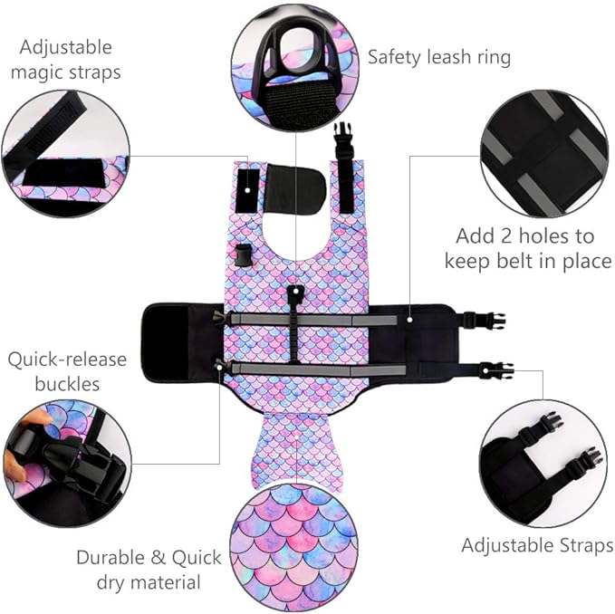 Dog Life Jacket Ripstop Pet Safety Floatation Vest Adjustable Dog Life Preserver Reflective Durable Rescue Handle Pet Lifesaver for Small Medium Large Dogs Swimming Beach Boating（Mermaid, M）