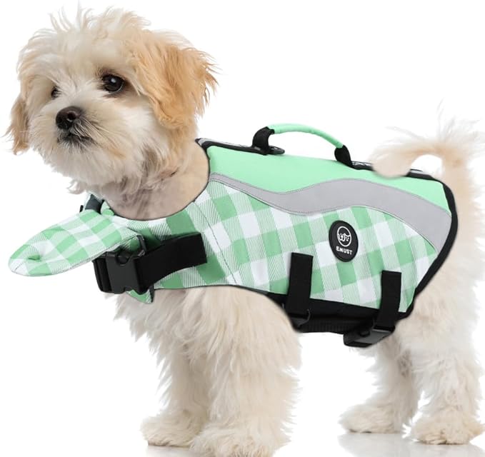 EMUST Dog Life Vests, Adjustable Dog Life Jackets for Small Dogs with Enhanced Buoyancy, Small Swim Vest with Durable Rescue Handle, Turquoise Check, XS