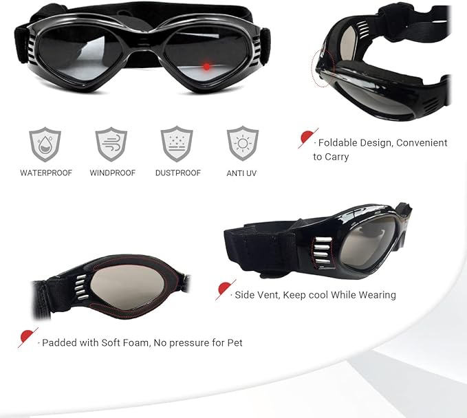 NAMSAN Dog Goggles for Small to Medium Dogs, Dog Sunglasses UV Protection for Medium Dogs Outdoor Cycling Driving, Small Puppy Glasses Dog Eye Protection, Anti-Fog Windproof, Adjustable, Black