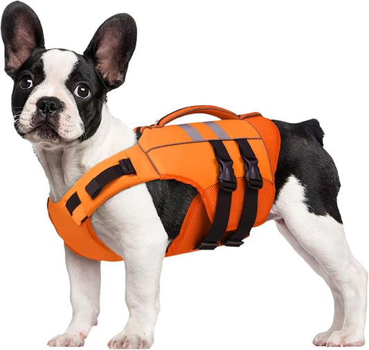 Kuoser Medium Dog Life Jacket, High Flotation Dog Life Vest for Swimming Boating, Reflective Dog Swimming Vest for Medium Dogs Pet Life Preserver with Rescue Handle, Orange M