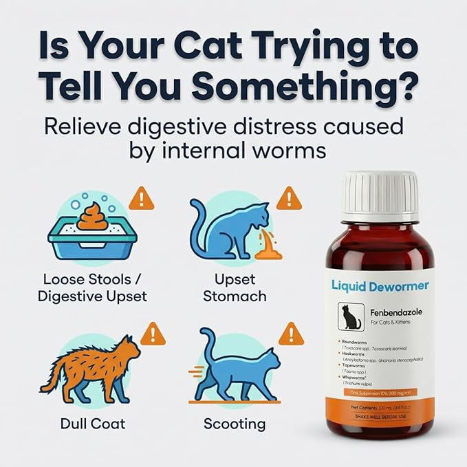 Dewormer for Cats & Kittens Liquid Fenbendazole - Broad Spectrum Suspension - Removes Roundworm, Hookworm, Tapeworm - Easy to Mix with Food, Includes 3ml Dosing Syringe (100ml)