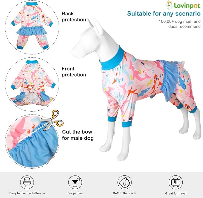 LovinPet Large Dog Shirt Pajamas - UV Protection, Post Surgical Recovery Pajamas, Lightweight Stretchable Fabric, Big Bites Pink Print, Pitbull Clothes, Undershirt for Dog Dresses, Pink 3XL