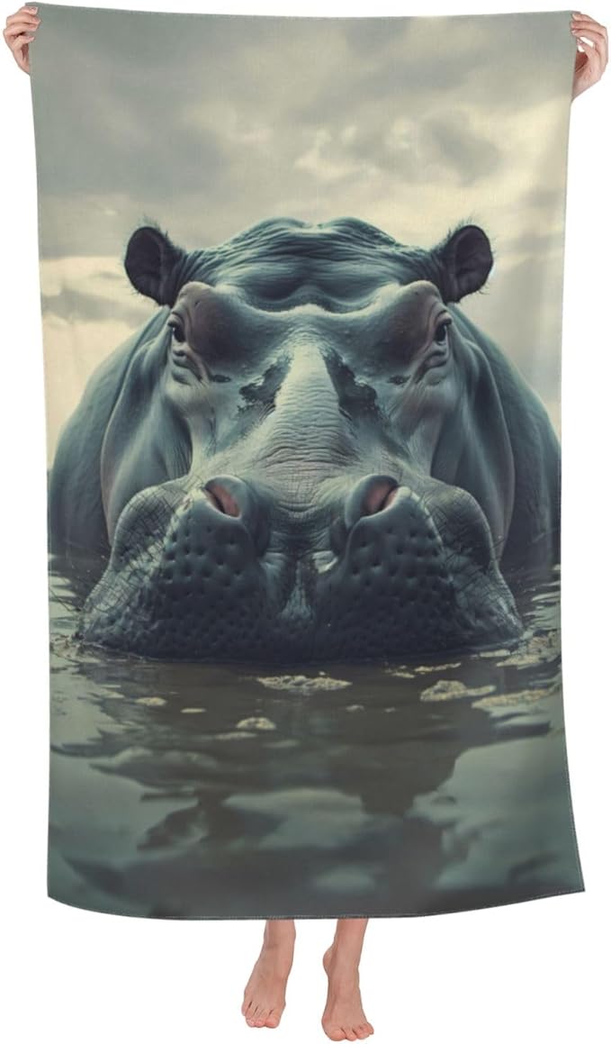 Hippo Beach Towel 31inx51in, Water Hippo Sand-Free Microfiber Bath Towel Ultra Soft Quick Dry Pool Towel Absorbent Towel Lightweight Towel for Swimming Bathroom Decor