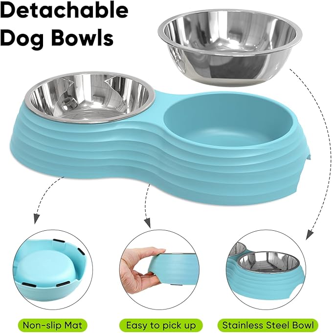 Stainless Steel Dog Bowls Set, Double Food & Water Bowls for Dogs, Dual Dog Food Bowl with 2 Small (6oz*2) Bowl, Non-Slip Pet Bowls Suitable for Puppies, Kittens and Small Breed Dogs (Blue)