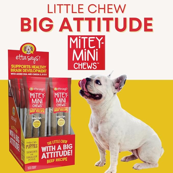 etta says! Mitey Mini Chews Dog Treats - Made in The USA - Grain-Free and Odor-Free - All-Natural Dog Chews - Perfect for Puppies and Senior Dogs - with Omega 3, 6, and 9 - Beef - 6 Pack - 18 Count