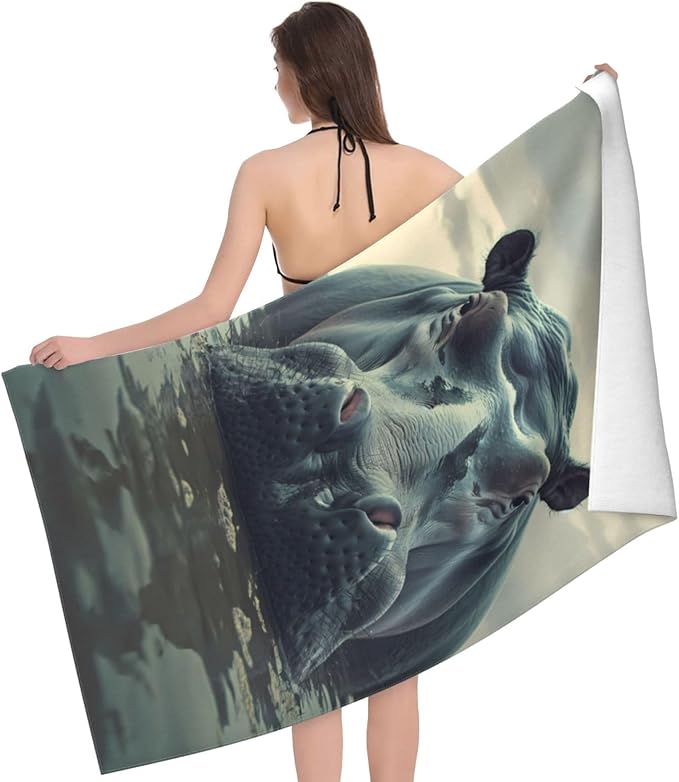 Hippo Beach Towel 31inx51in, Water Hippo Sand-Free Microfiber Bath Towel Ultra Soft Quick Dry Pool Towel Absorbent Towel Lightweight Towel for Swimming Bathroom Decor