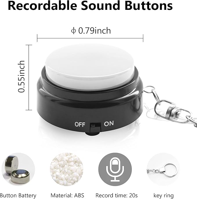 Recordable Talking Button with Keychain, 20s Voice Recording Time Sound Button Answer Buzzers Funny Buttons Record Your Own Words Pack of 2 - White and Black (Battery Included)