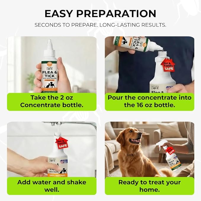 Nature’s Dome Flea & Tick Starter Kit – Makes 3 Bottles (16 oz Each) – Plant-Based, Eco-Friendly Formula – Kills & Repels Fleas, Ticks, Larvae & Eggs – Safe for Pets, Kids & Plants