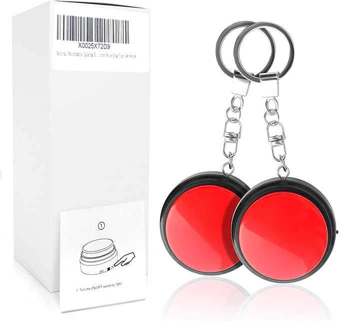 Recordable Talking Button with Keychain, 20s Voice Recording Time Sound Button Answer Buzzers Funny Buttons Record Your Own Words Also Used for Dog Pack of 2 - Red and Black (Battery Included)
