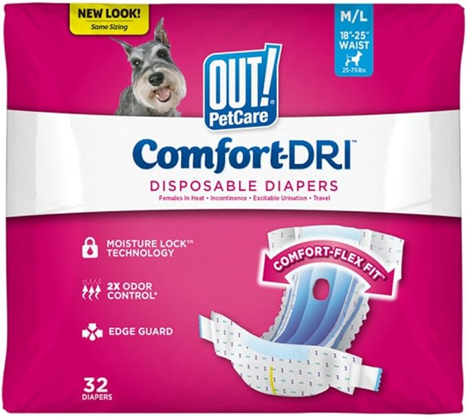 Out! PetCare Disposable Dog Diapers Female, Potty Training, Dog Diapers, Female Doggie in Heat, Puppy Training, Incontinence, Puppy Essentials 18”-25” Waist (M/L, 32ct)