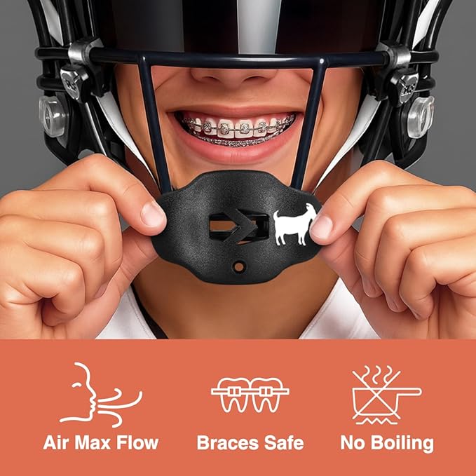 SLEEFS Football Mouth Guard - Youth Mouthguard with Strap - Lip/Teeth Protector Mouthpiece - No Boil - for Youth/Adults, Maximum Air Flow, for All Sports - Goat Emoticon Black