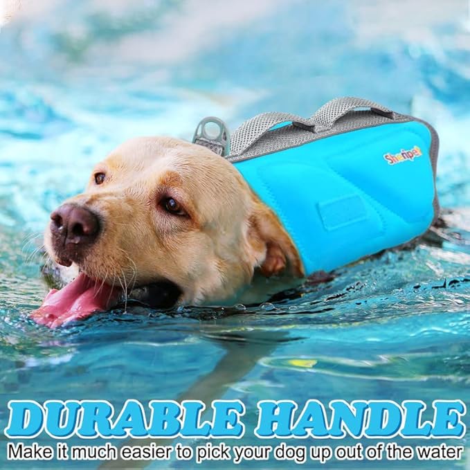 Dog Life Jacket for Large Dogs, Dog Life Vest for Swimming with Three Fashion Fabric Patches, Adjustable Dogs Swimsuit with Reflective Stripes and Two Rescue Handle, Pet Flotation Vest, XL