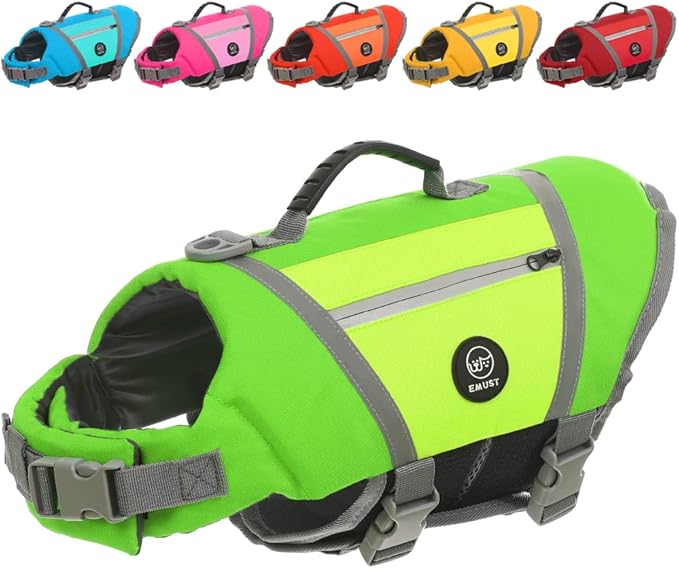 EMUST Dog Life Vests, Lightweight Dog Floating Vest with Durable Rescue Handle Quick-Release Buckles, Adjustable Dogs Lifejacket with Pockets for Bulldogs, Dachshunds, Corgis, Green, XXL