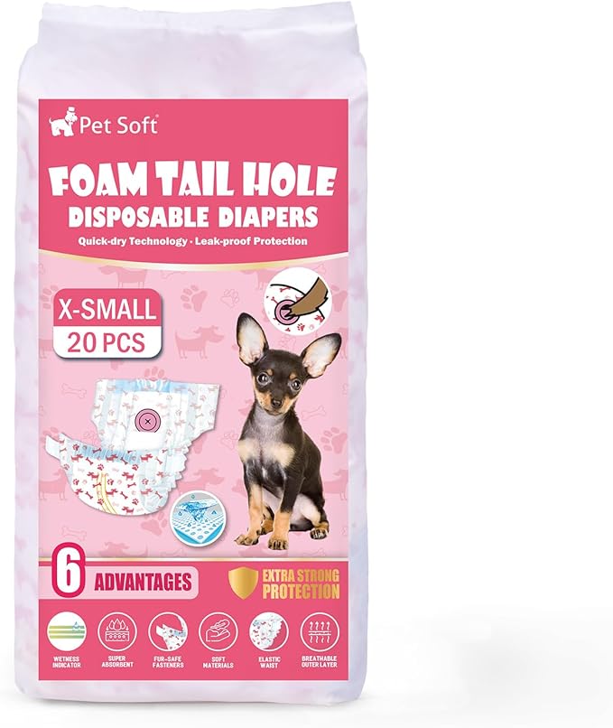 Pet Soft Disposable Dog Diapers - Female Dog Diapers with Adjustable Foam Tail Hole, Ultra Protection Puppy & Cat Diapers Wetness Indicator for Dogs in Heat or Incontinence,20pcs (XS,Red)