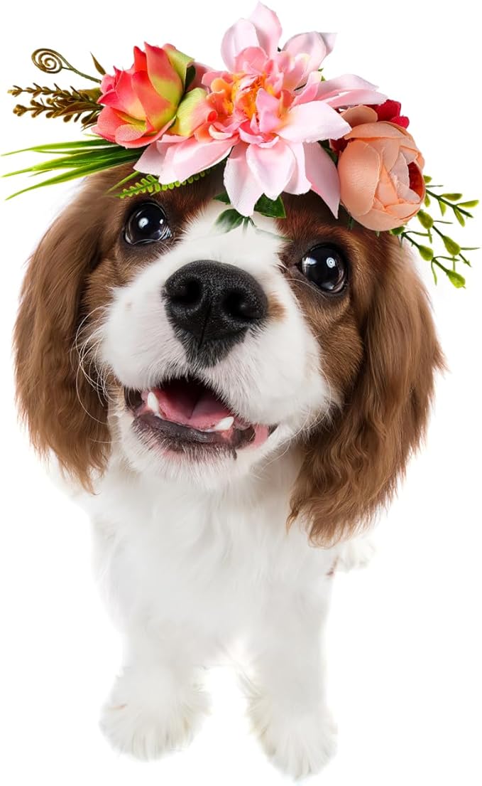 POPETPOP Dog Flower Crown, Dog Tiara Adjustable Pet Flower Headband for Pet Wedding Outfit Vacation Costume Decor