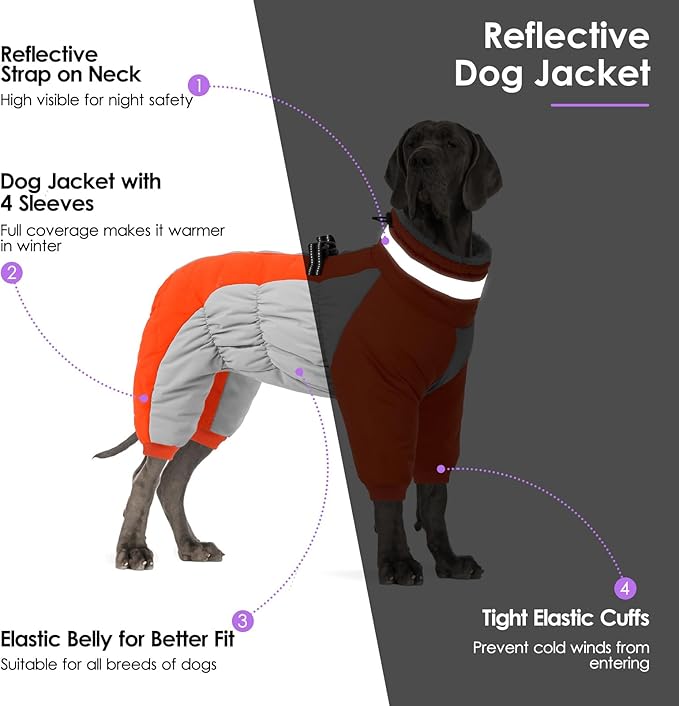 SUNFURA Full Body Dog Coat - Warm Fleece Jacket for Large Dogs, Turtleneck Winter Coats with Harness, Reflective Dog Snowsuit Windproof Puffer Jackets with Legs for Weimaraner, Orange XL
