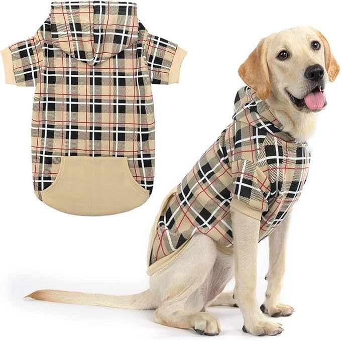 EXPAWLORER Plaid Dog Hoodie - British Style Warm Dog Sweater Shirt with Leash Hole,Pitbull Clothes Outfits,Winter Coat Apparel for All Breeds Puppy Girl Boy-Cat Apparel,Beige X-Large