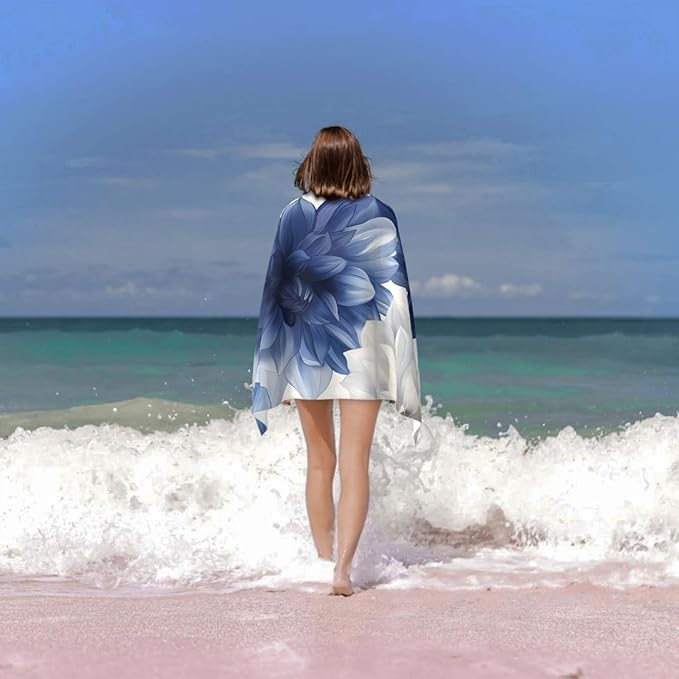 Blue Floral Beach Towel Dahlia Flower Sand-Free Microfiber Bath Towel Ultra Soft Quick Dry Pool Towel Absorbent Towel Lightweight Towel Gifts for Outdoor Bathroom Swimming Decor 31inx51in