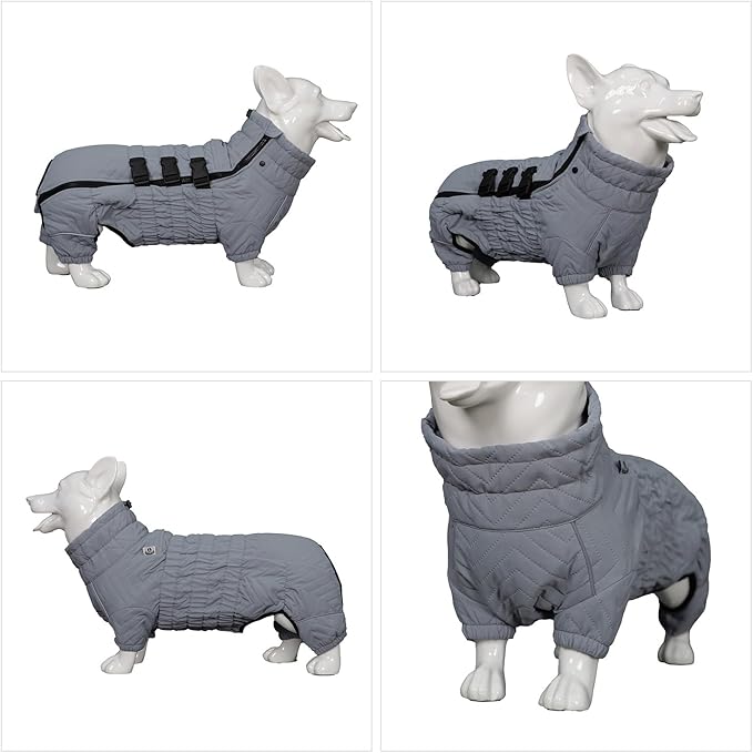 Lovelonglong Warm Dog Coat Double Layers Dog Vest, 4 Legs Covered Windproof Waterproof Reflective Warm Dog Vest Outdoor Skating Dog Costume for Corgis Dachshund Dog Gray D-S