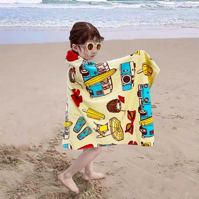 YIFONTIN Kids Beach Towel Velour Terry Blanket Throw 100% Cotton Super Soft Absorbent 25.5X51 inches for Bath Swimming Sports Camping Holiday Picnic, Bus Coconut Parasol Lounge Audio Player.
