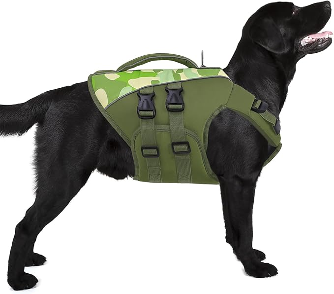 Queenmore Dog Life Jacket,Life Vest for Extra Large Dogs,Adjustable Reflective Dog Swimming Vest,Superior Buoyancy Dog Lifesaver,High Floating Pet Life Vest for Swimming(Green Camouflage,2XL)